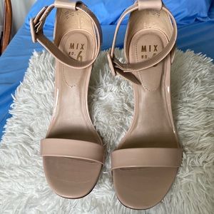 Mix No. 6 like nude faux patent leather sandal.